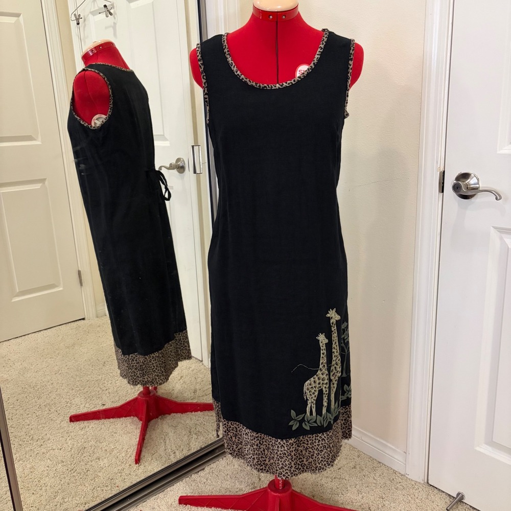 Studio Ease Petite Vintage 90s Giraffe Leopard Print Linen Blend Dress Black 10P